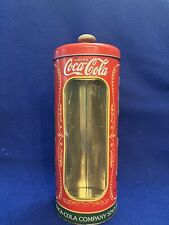 Vintage 1990s Tin Coca-Cola Straw Holder, 9” Tall w/ plastic Window picture