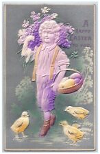 c1910's Happy Easter Boy Flowers Egg Basket Chicks Airbrushed Embossed Postcard picture