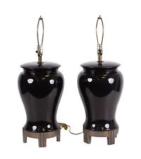 Large Pair Of Mid Century Black Ginger Jar Style Porcelain Black Lamps picture