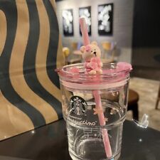 2023 Starbucks Glass Cup 13oz Tumbler Coffee Cup Pink Sakura + Cute Straw Topper picture