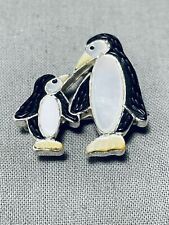 GASP SO CUTE VINTAGE ZUNI PENGUINS STERLING SILVER INLAY PIN picture