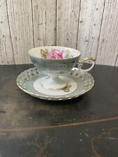 Royal Halsey Vintage 1960’s Bone China Lustre Sage Green Cup Reticulated Saucer picture