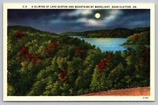Glimpse of Lake Burton & Mountains by Moonlight Near Clayton, GA  Linen Postcard picture