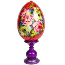 Pink Flowers Zhostovo Wood Easter Egg on a Stand, Painted by Hand in Russia 7.1