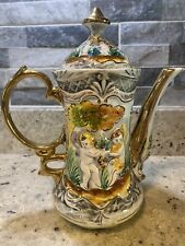 Large 10” Vintage Hand Painted Gold Trimmed Teapot Made In Portugal picture