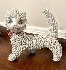 Vintage MCM Majolica Italian Spaghetti Cat w/ Red Bow & Green Eyes picture