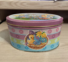 Vintage WOLFGANG'S Easter Candy OVAL Shape Tin with Chicks Flowers Eggs Basket picture