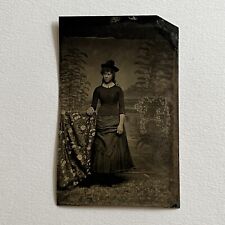Antique Tintype Photograph Beautiful Young Woman Unique Dress Hat Witch Odd picture