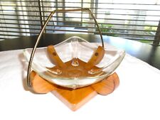 Vintage Mid Century Serving Glass Bowl Wood Walnut Danish Style Handle Tear Drop picture