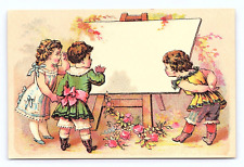 Antique Scrap Victorian Art Card Three Young Girls Preparing to Paint Vintage picture