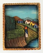 1940s MEXICAN HAND CARVED RELIEF WOOD LANDSCAPE SCENE WALL PLAQUE PANEL FOLK ART picture