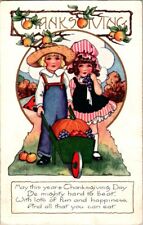 Vintage Postcard Thanksgiving Girl And Boy Harvest  Wheel Barrel Whitney picture