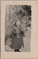 c1910s RPPC Real Photo Postcard Young Woman Outdoors with Very Large Fur Muff picture
