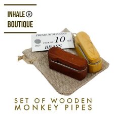 Set Of Wooden Smoking Monkey Pipes In Burlap Bag (+ 10 BRASS Screens) picture