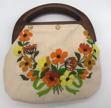 Crewel Handbag with Wood Handles, MCM Flowers, Orange Bag, Purse, Spring picture