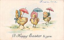 Anthropomorphic Old Easter PC of Cute Chicks Wearing Bonnets & Holding Parasols picture