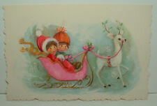 UNUSED - PINK Sleigh, White Reindeer - 1960's Vintage Christmas Greeting Card picture