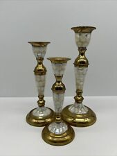 Vintage Set Of 3 Brass & Mother of Pearl Candlestick Holders Abalone Solid Brass picture