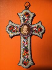 Antique Micro Mosaic Floral Cross Pendant Pope Pius XI Rome Brass Early 20th C picture