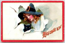 Vintage Halloween Girl n Witches Hat & Black Cat Tuck's Hallowe'en Series No 174 picture