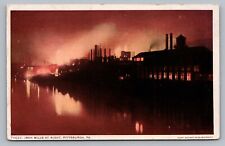 c1916 Pittsburgh PA Iron Mills Night Silhouette Reflection Glow Postcard Vtg B6 picture