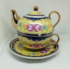 Vtg.Sorelle Fine Porcelain Personal Teapot Cup & Saucer Pink Roses.Gold Accents picture