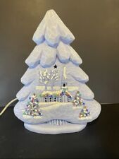 Rare Vintage Hand Painted Church 13” Light Up Mold Blue Christmas Tree And Base picture