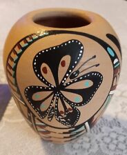 Native American Jemez Pueblo Handmade Clay Pot by Chinana EUC butterfly flowers  picture