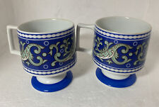 2 Vtg 60’s Mid Century Coffee Mugs Footed Florencia Paisley Stacking Blue Green picture