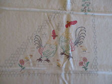 VTG Tablecloth Cotton 1940's 50's 60's Painted Chickens, Gray Chicken Wire 53x38 picture