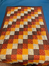 Vtg Handmade Quilt, 60s 70s Brown Orange Yellow Gold Patchwork Floral , 42