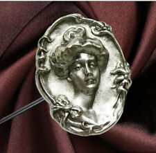 HATPIN with VICTORIAN Lady with Bow on Embossed SILVER Finish - 10 in. Art Déco picture