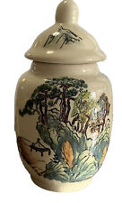 Vintage Hand Painted Chinese Ginger Jar Urn With Lid Green Trees Mountain Scene picture