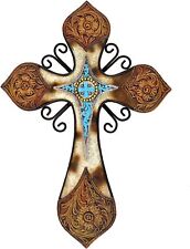 Rustic Tooled Leather Turquoise Wall Hanging Cross Spiritual Religious Art Gift picture