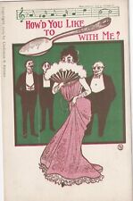 Vintage Postcard Lady with  Fan 'Spoon With Me' Gents Musical Notes Undivided picture