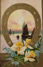 Horseshoe Sailboats Daffodil Flowers Gold New Year Embossed Postcard Post 1910 picture