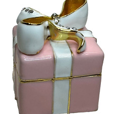 Small Enameled Pink Gold Rhinestones Wrapped Present Hinged Metal Jewelry  Box picture