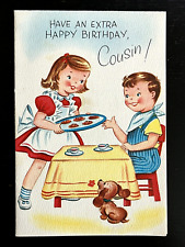 Vintage 60s Colonial Birthday Kids Baking Cookies Puppy Die Cut Greeting Card picture