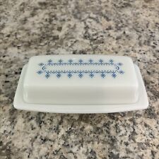 Vintage Pyrex Glass Butter Dish with Lid Snowflake Blue on White Garland picture