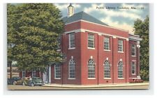 Postcard Linen AL Public Library Cars Man Red Brick Building Gadsden Alabama picture