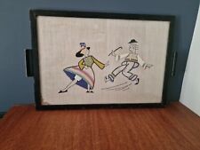 VINTAGE GLASS TOPPED TRAY, WITH EMBROIDERY CROSSTICH FOLK ART DANCING EBONISED  picture