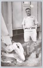 Man with Whale Skull, Air Force Bush Uniform?, c1950s RPPC, Ocean picture