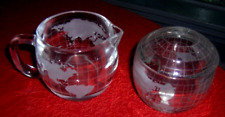 Vintage Nestle Nescafe World Globe Etched Glass Creamer & Sugar Bowl Lid Unused picture