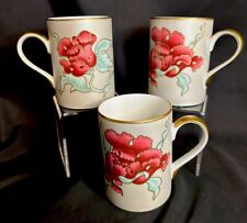 (3) Fitz and Floyd Deauville Peony Cups Tea Coffee Mugs Red Floral Gold Rim picture