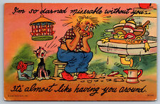 Vintage Postcard Funny Humor Cartoon Unhappy Man Cat Dirty Dishes ~8982 picture