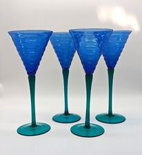 4 Vintage Hand Blown Martini Glasses Cobalt Blue Green Rippled Beehive Barware picture