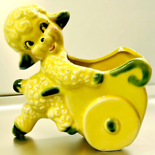 Vintage Lamb Planter Pushing Cart Buggy Sheep Anthropomorphic Kitsch Yellow READ picture