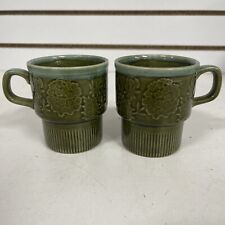 2 Vintage Stackable MCM Green Retro Floral Glazed Coffee/Tea Mugs-Japan picture