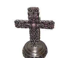 Silver Toned Standing Holy Cross with Pink Rhinestones  4 1/2