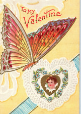 1912 Butterfly On Lace Heart Embossed Valentine Postcard picture